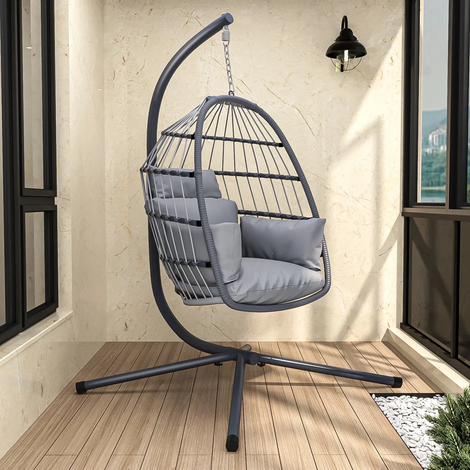 Patio Foldable Hanging Swing Chair With Stand Gray Color My Store