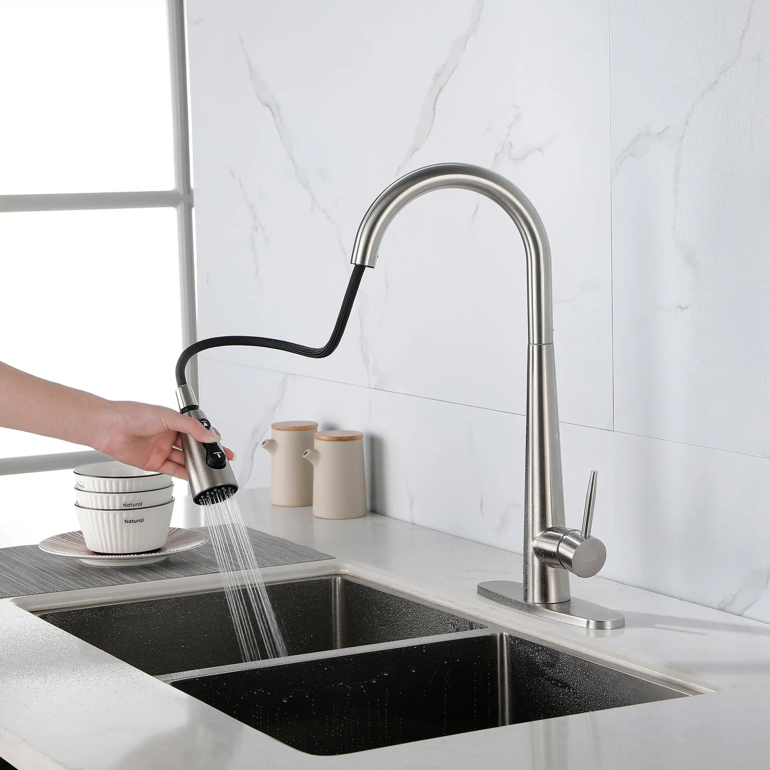 High Curvature Single Handle Kitchen Sink Faucet With Deck Modern- Stainless Steel Ohberri