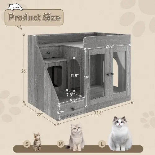Indoor Cat House Enclosure With Light , Hidden Litter Box Furniture With 2 Storage Drawers My Store