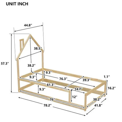 Twin Size Wood Bed With House-shaped Headboard Floor Bed With Fences,Natural My Store