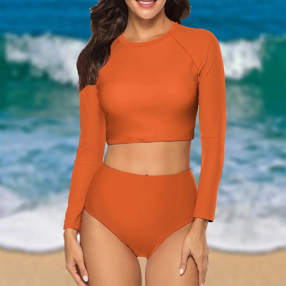 Long Sleeve Crew Neck Ladies Bikini Swimsuit Inkedjoy