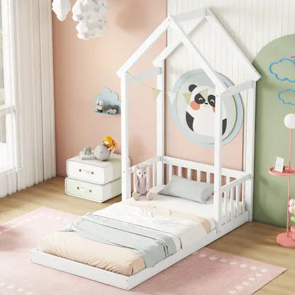 Twin House-shaped Roof Headboard Floor Bed,,without Slats,White My Store