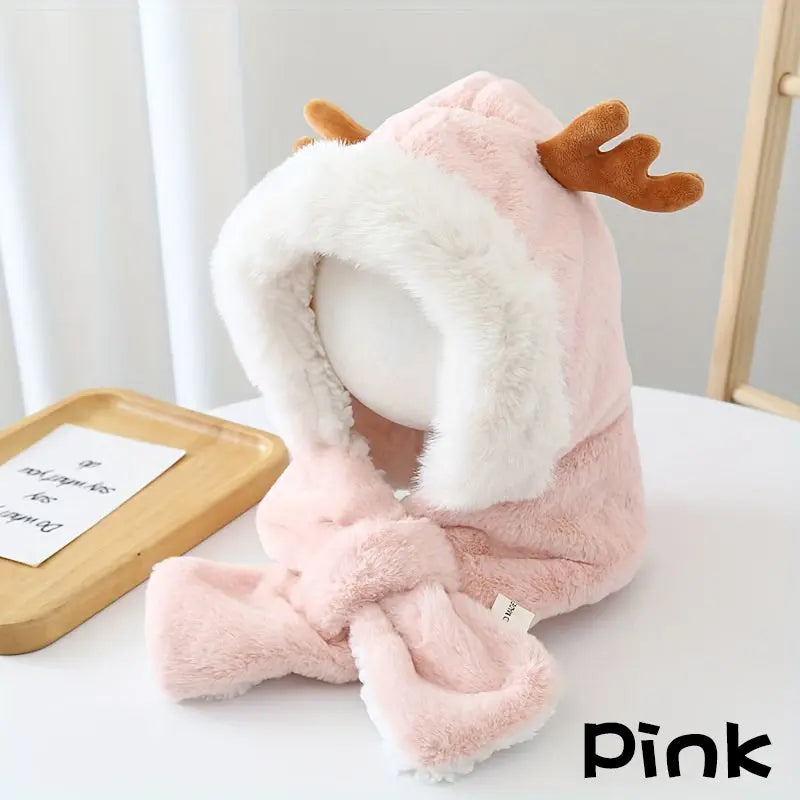 Cute Deer Hat Women Plush Rabbit Ear Funny Lolita Sweet Kawaii Winter Fluffy Fleece Warm Hat Plush Winter Thickened Cute Antlers Baby Hat With Scarf For 5-10 Y Children My Store