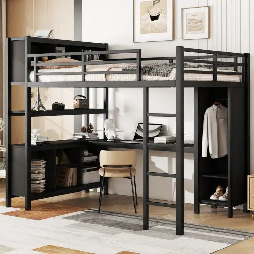 Metal Loft Bed With Wardrobe And L-shaped Desk, Full Size Loft Bed With Storage Cubes And Shelves My Store