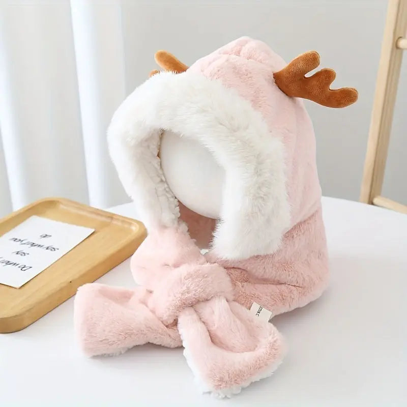 Cute Deer Hat Women Plush Rabbit Ear Funny Lolita Sweet Kawaii Winter Fluffy Fleece Warm Hat Plush Winter Thickened Cute Antlers Baby Hat With Scarf For 5-10 Y Children My Store