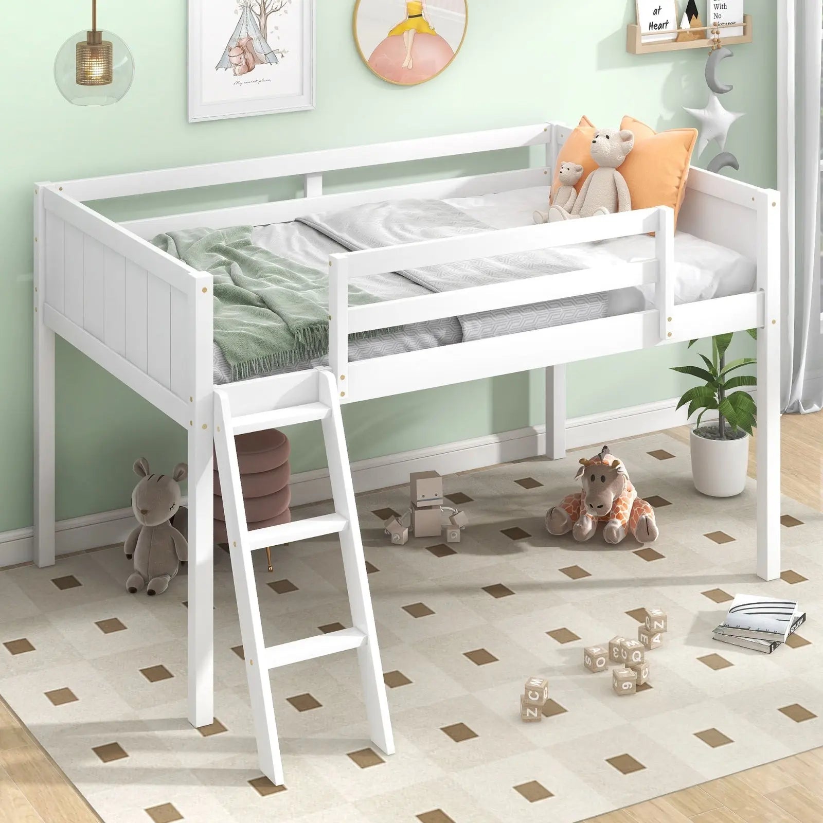 Twin Size Wood Low Loft Bed With Ladder, Ladder Can Be Placed On The Left Or Right, White My Store