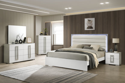 Contemporary 5-Pc King Bed Set with LED Headboard, Wood, White Finish - Ohberri