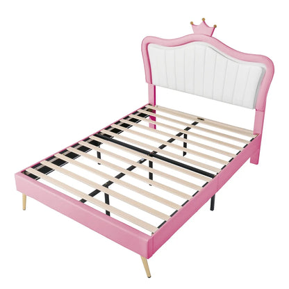 Full Size Upholstered Bed Frame With LED Lights & Crown Headboard My Store
