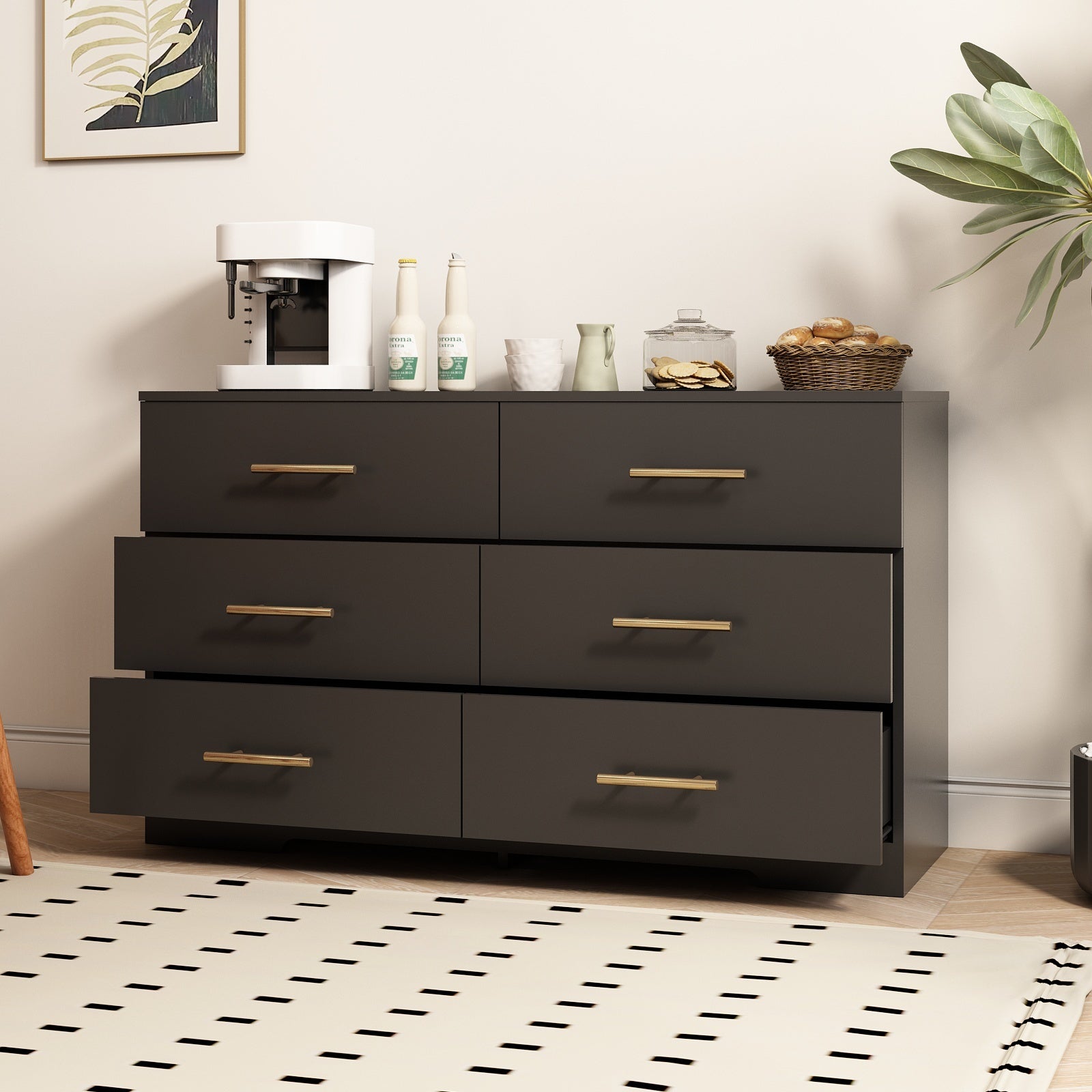 Black Color Large 6 Drawers Chest Of Drawer Dressers With Golden Handle Inkedjoy