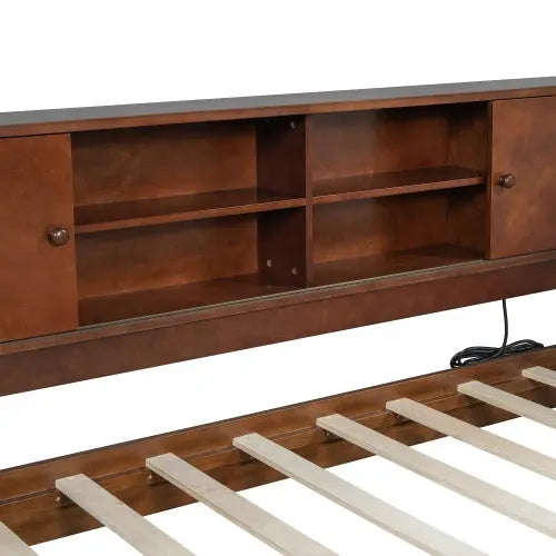 Wooden Twin Size L-shaped Daybed Storage Bookcase And Upholstered Headboard And USB Charging Port My Store