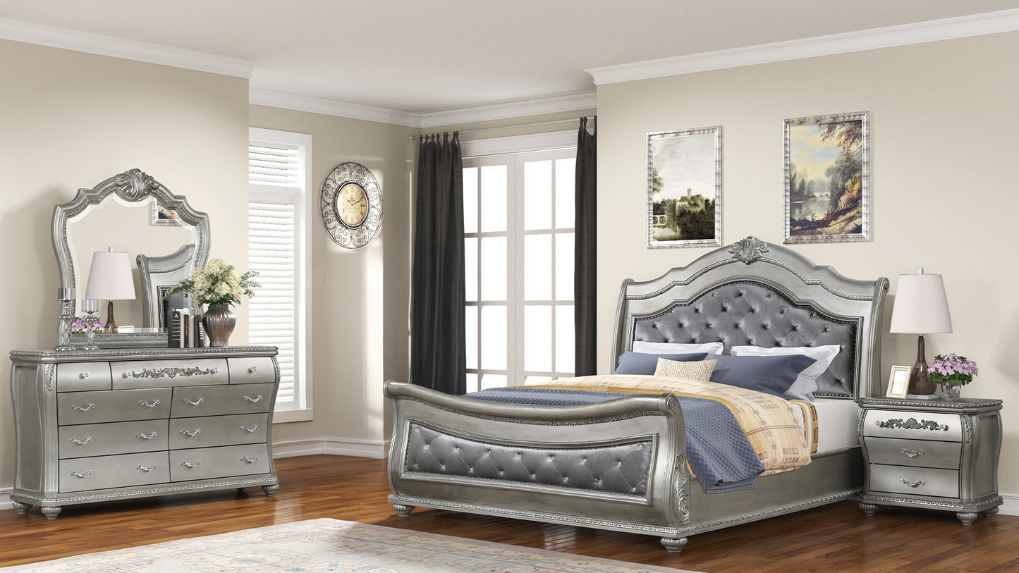 Traditional Style 4 Pc Queen Bedroom Set With Upholstered Crystal-Tufted bed Made with Wood in Silver - Ohberri