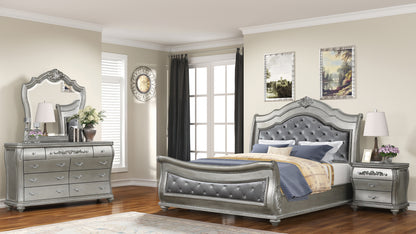 Traditional Style 4 Pc Queen Bedroom Set With Upholstered Crystal-Tufted bed Made with Wood in Silver - Ohberri