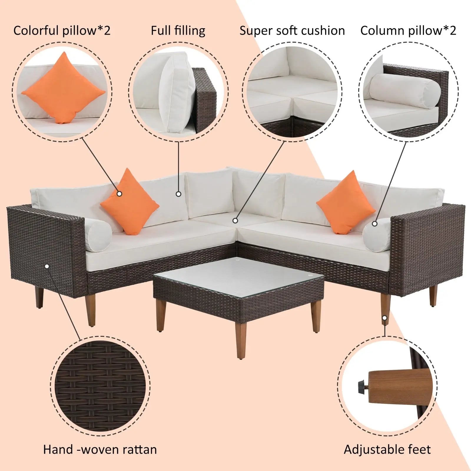 4-Piece Outdoor Wicker Sofa Set, L-Shape Patio Furniture With Colorful Pillows My Store