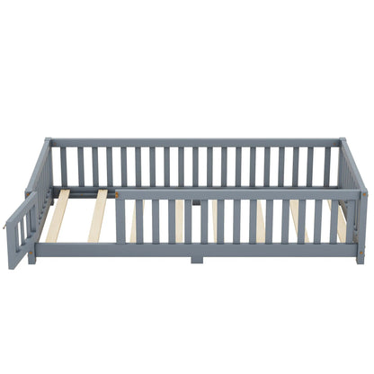 Twin Size Bed Floor Bed With Safety Guardrails And Door For Kids, Gray My Store