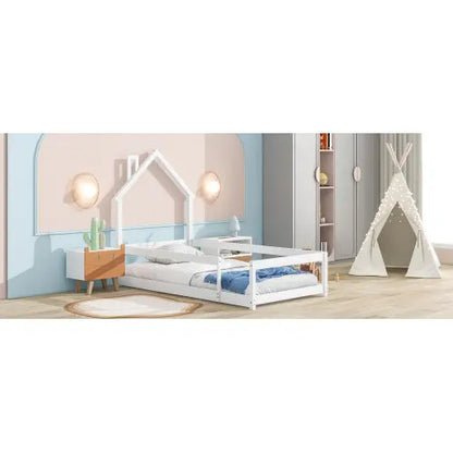 Twin Size Wood Bed With House-shaped Headboard Floor Bed With Fences,White My Store