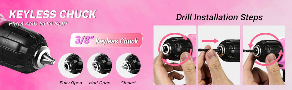 DEKO 8V Pink Cordless Drill, Drill Set with 3/8"Keyless Chuck, 42pcs Ohberri