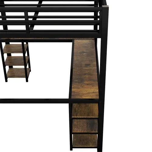 Twin XL Metal Loft Bed With Desk And Shelves, Loft Bed With Ladder And Guardrails-Black My Store