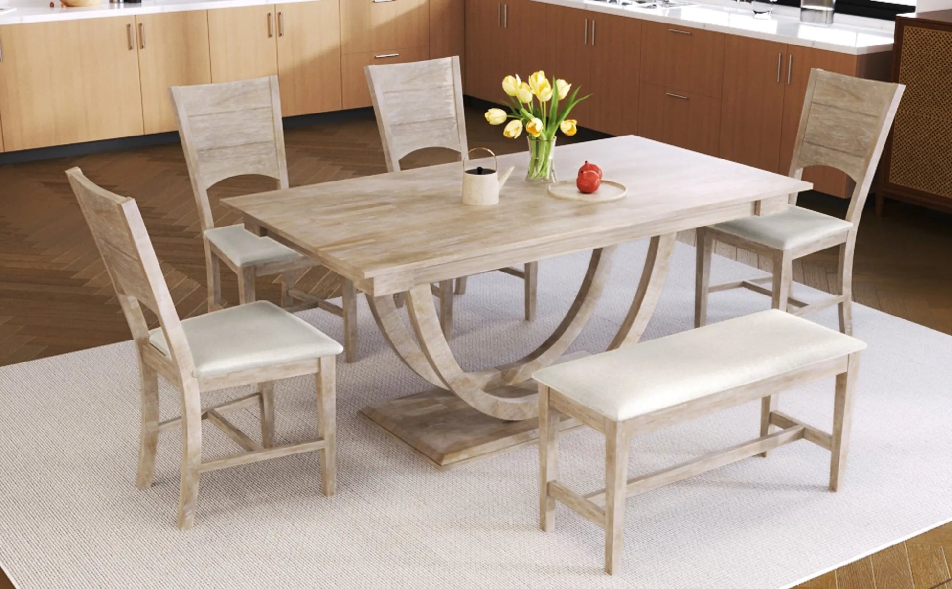 TOPMAX 6-Piece Wood Half Round Dining Table Set With Long Bench & 4 Chairs My Store