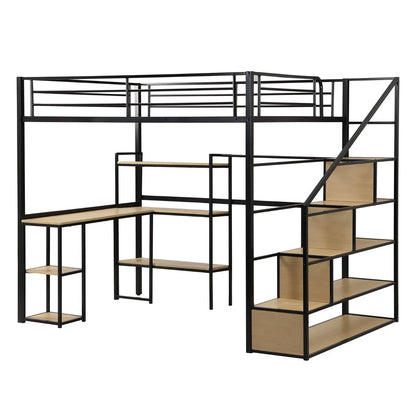 Full Size Metal Loft Bed With Staircase, Built-in Desk And Shelves, Black My Store