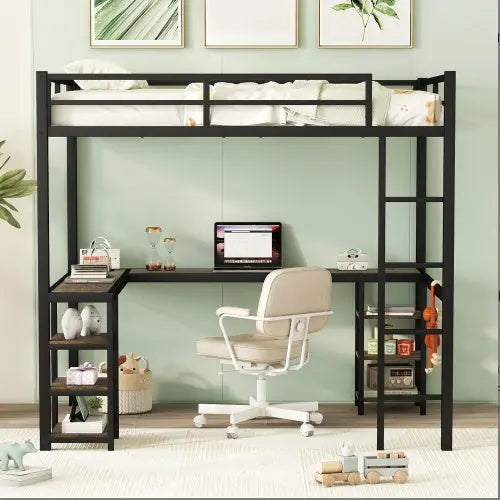 Full Metal Loft Bed With Desk And Shelves, Loft Bed With Ladder And Guardrails, Loft Bed Frame For Bedroom My Store