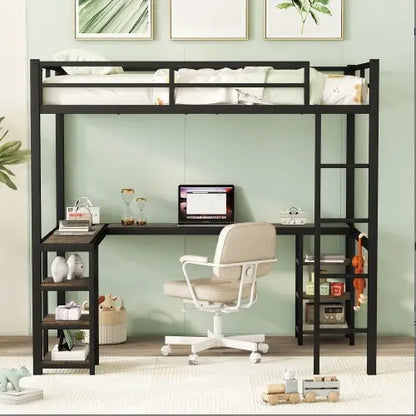 Full Metal Loft Bed With Desk And Shelves, Loft Bed With Ladder And Guardrails, Loft Bed Frame For Bedroom My Store