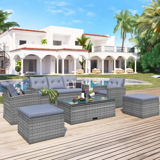 6-Piece All-Weather Wicker PE Rattan Patio Dining Set With Coffee Table My Store