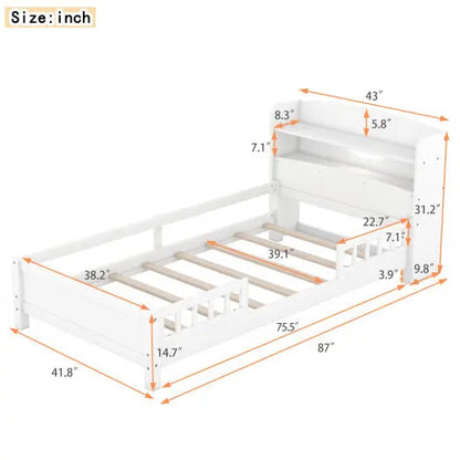 Wood Twin Size Platform Bed With Built-in LED Light, Storage Headboard And Guardrail, White My Store