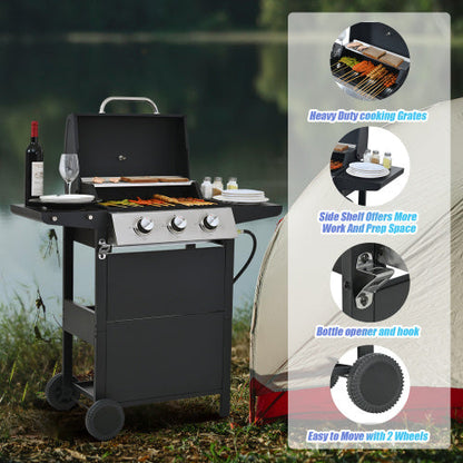 Propane Gas Grill 3 Burner Barbecue Grill, Stainless Steel With Two Shelves, Lid, Wheels And Bottle Opener Inkedjoy