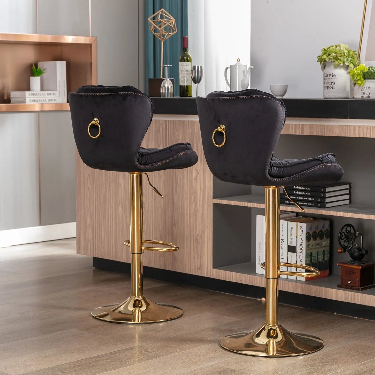 Set Of 2 Bar Stools Chrome Base, Swivel, Adjustable Height, Velvet My Store