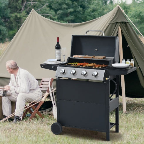 Propane Gas Grill 4 Burner Barbecue Grill With Two Shelves, Lid, Wheels And Bottle Opener Inkedjoy