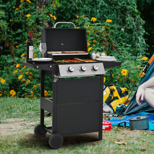 Propane Gas Grill 3 Burner Barbecue Grill, Stainless Steel With Two Shelves, Lid, Wheels And Bottle Opener Inkedjoy