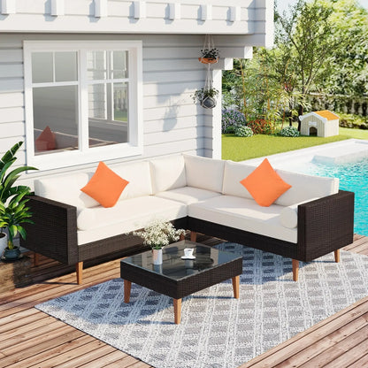 4-Piece Outdoor Wicker Sofa Set, L-Shape Patio Furniture With Colorful Pillows My Store