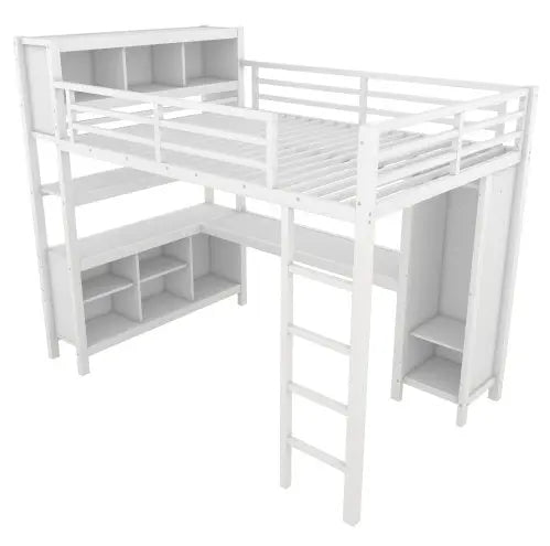 Metal Loft Bed With Wardrobe And L-shaped Desk, Full Size Loft Bed With Storage Cubes And Shelves My Store