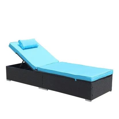 3-Piece Outdoor Patio Furniture Set Chaise Lounge, Patio Reclining Rattan Lounge Chair Chaise Couch Cushioned With Glass Coffee Table, Adjustable Back And Feet, Lounger Chair For Pool Garden, Blue My Store