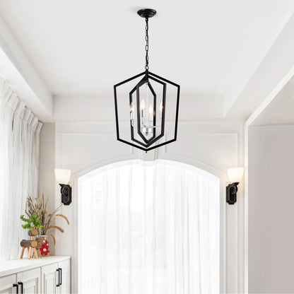 4-Light Farmhouse Kitchen Chandeliers, Matte Black And Sliver Vintage Rustic Cage Light Fixture Inkedjoy