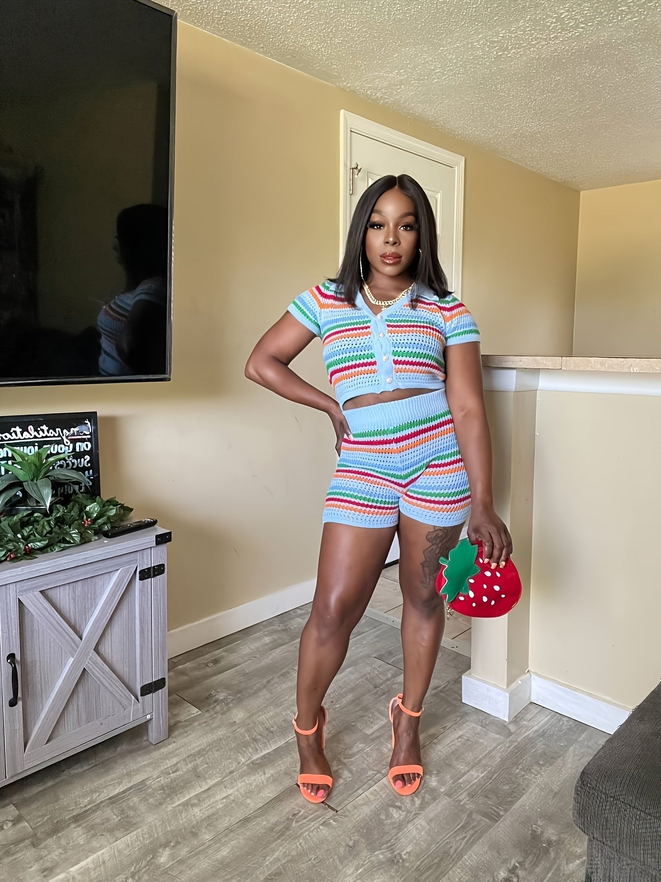 Crochet 2 Piece Outfit For Women Knit Button Down Shirts Hollow Out Color Block Short Set Summer Vacation Outfit Ohberri