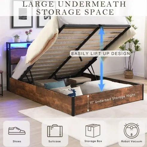Wooden Platform Bed Frame With Lifting And Charging Station My Store