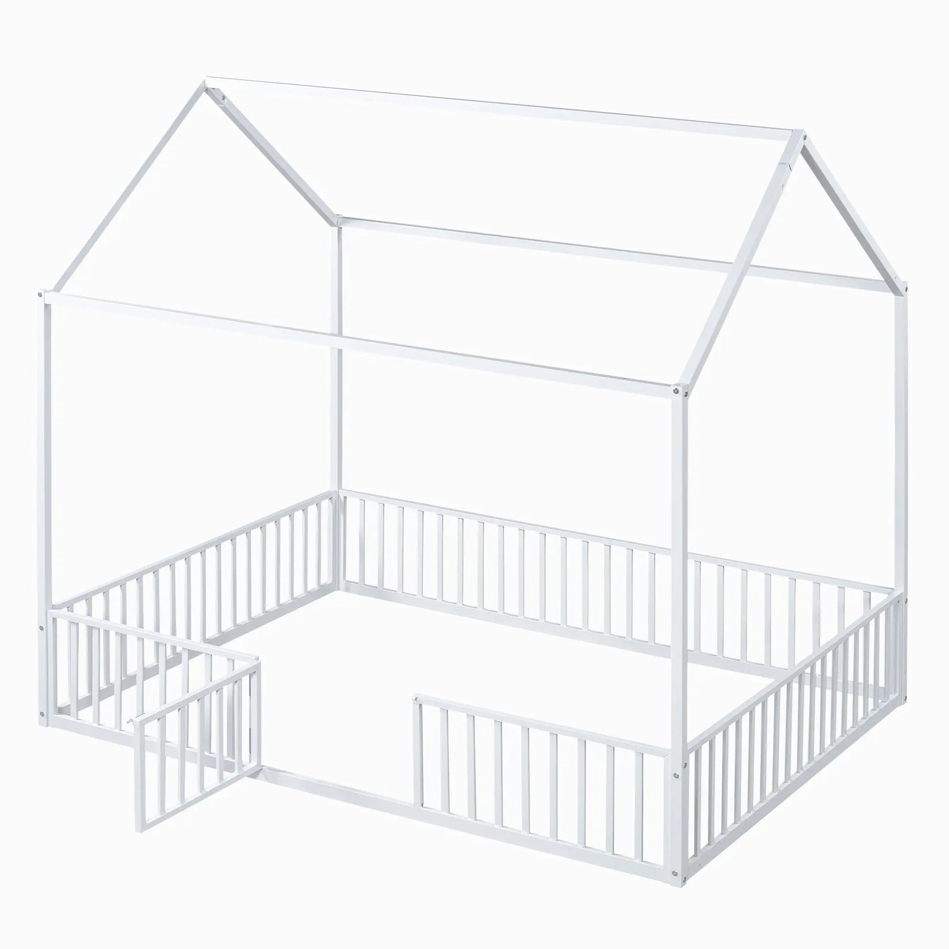 Full Size Metal House Bed With Fence And Door, White My Store