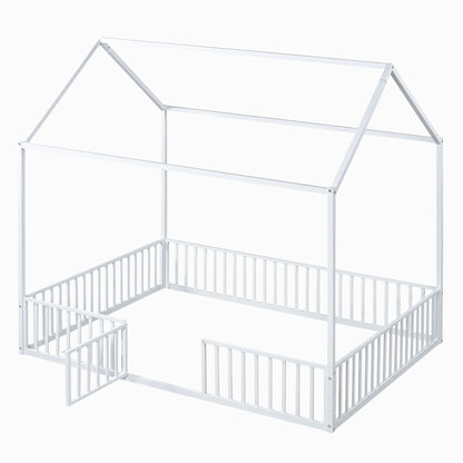 Full Size Metal House Bed With Fence And Door, White My Store