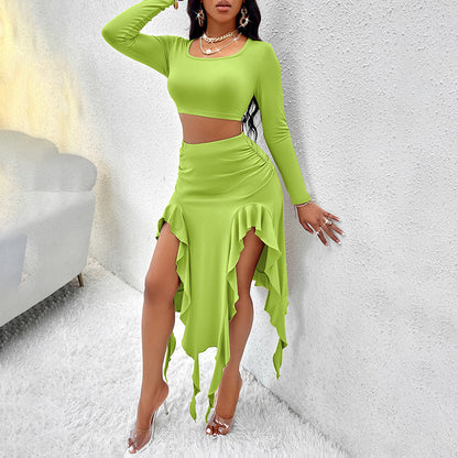 Women's Long Sleeve Round Neck Pleated Dress Suit - Solid Color Elegant Ruffle Outfit Inkedjoy