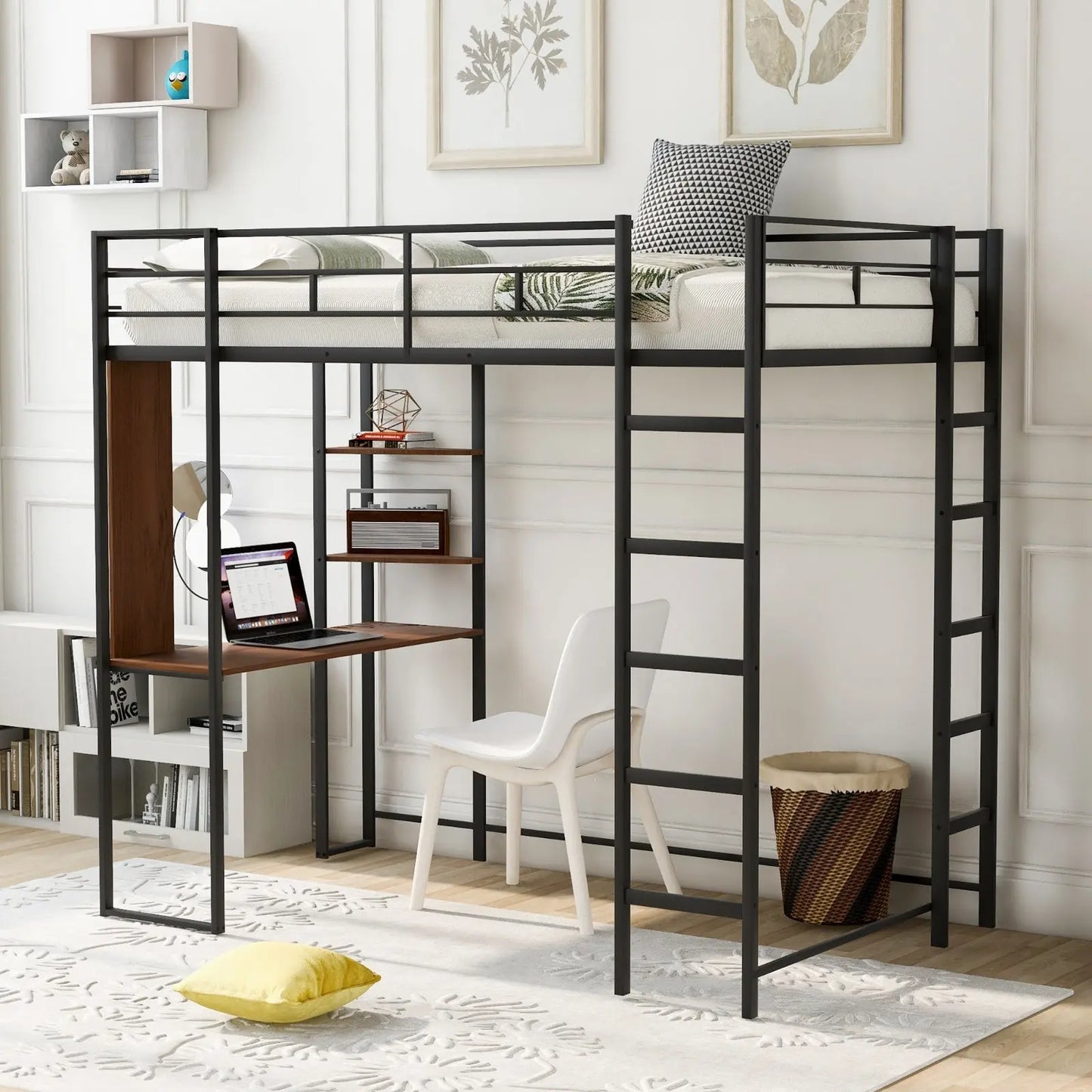 Twin Metal Loft Bed With 2 Shelves And One Desk ,BLACK My Store