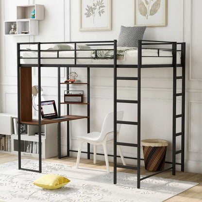 Twin Metal Loft Bed With 2 Shelves And One Desk ,BLACK My Store