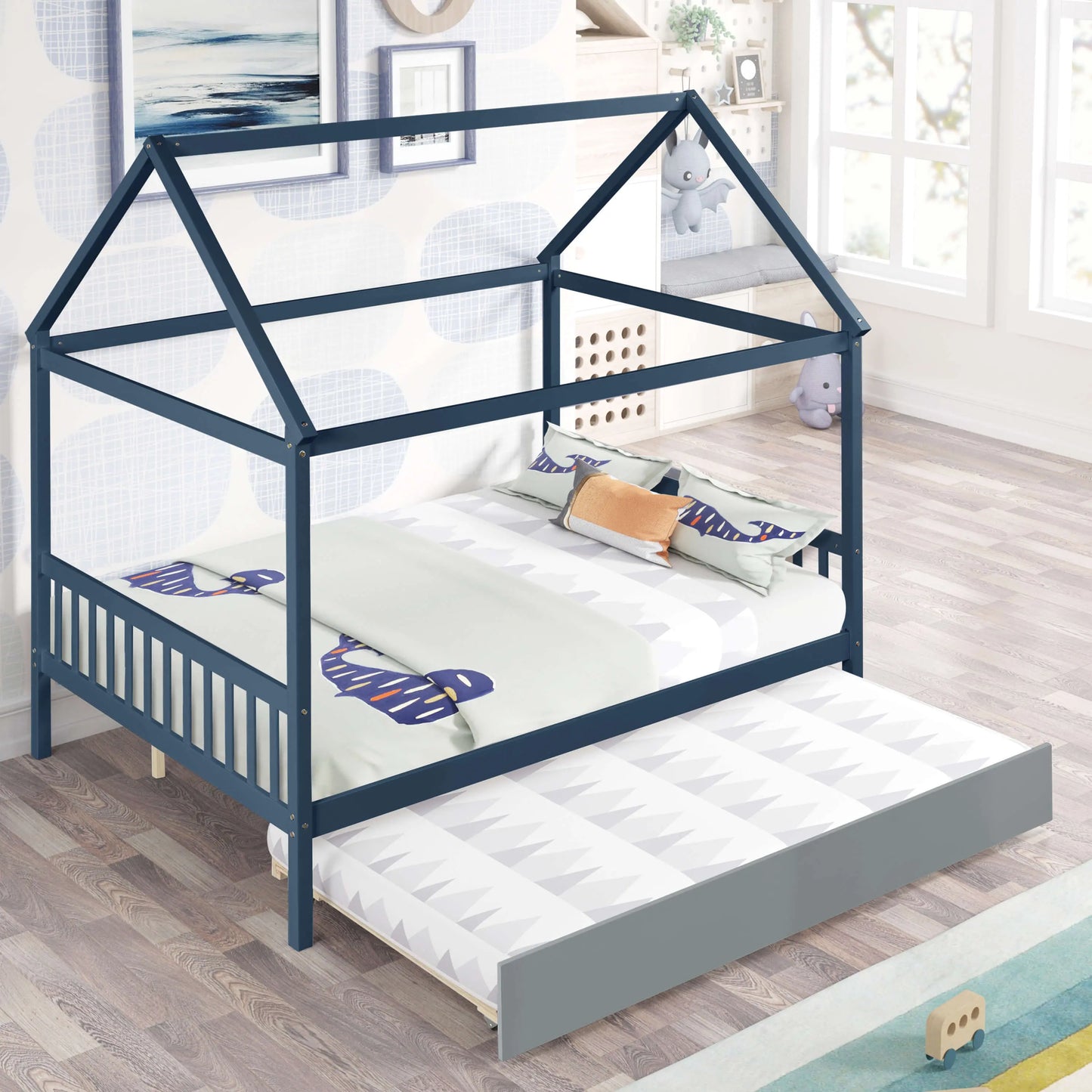 NAVY BLUE HOUSE FULL BED WITH TRUNDLE OF GREY COLOR My Store
