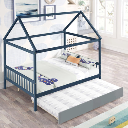 NAVY BLUE HOUSE FULL BED WITH TRUNDLE OF GREY COLOR My Store