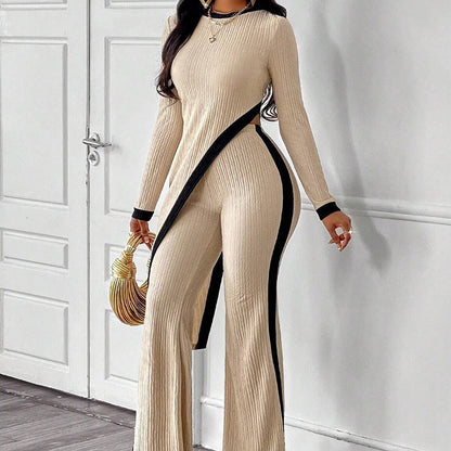 Women's 2 Piece Outfit Sexy Asymmetrical Hem Long Sleeve Top And Wide Leg Pants Sets Elegant Vacation Going Out Suit Inkedjoy