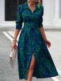 Women's Long-Sleeved All-Over Leopard Print Belted Shirt Dress - Casual Maxi Dress Inkedjoy