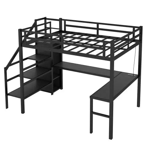 Twin XL Size Loft Bed With L-shaped Desk And USB, Metal -Black My Store