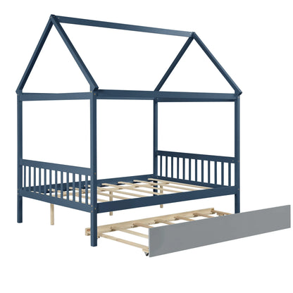 NAVY BLUE HOUSE FULL BED WITH TRUNDLE OF GREY COLOR My Store