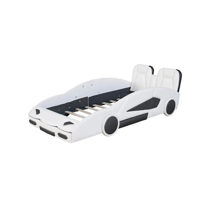 Twin Size Race Car-Shaped Platform Bed With Wheels, White My Store