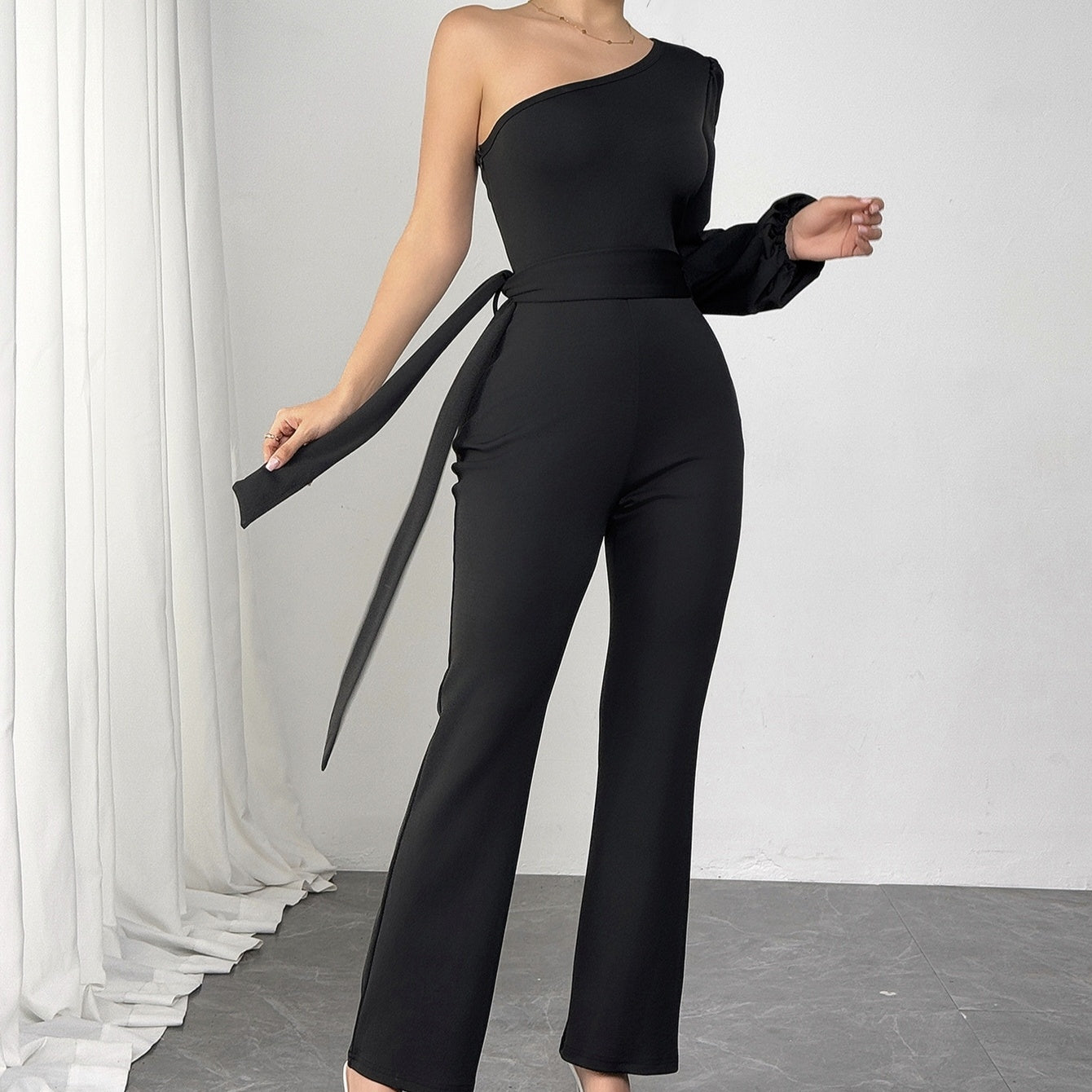 Ladies' Fashionable And Elegant Single Shoulder Design Slimming Jumpsuit Inkedjoy
